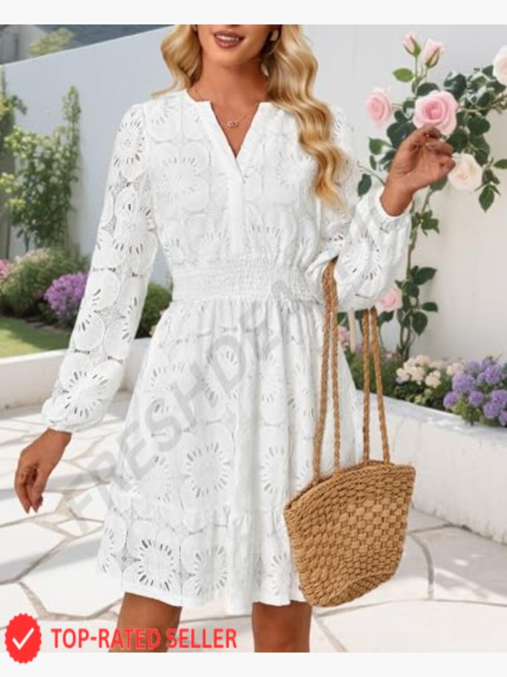 Puff Sleeve Floral Mini Dress Vintage Elegant Lace Eyelet Embroidered A-Line - Picture 5 of 7